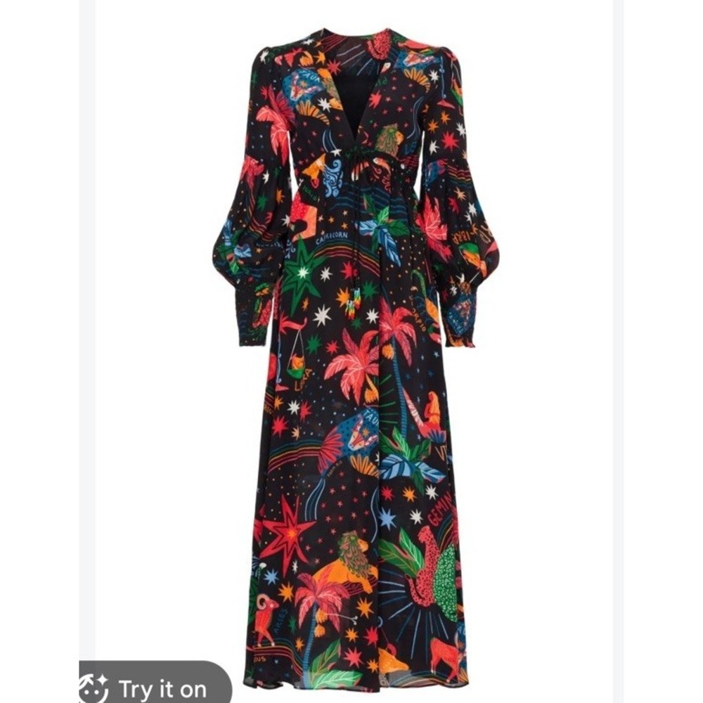 Farm Rio Zodiac Maxi Dress XL Excellent! V-neck Long Sleeve Rare Colorful